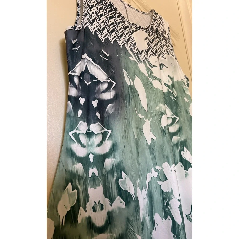 2 Pc Womens Dress Set Medium Green‎ Floral Midi Maxi Dress Sheer Overlay Jacket